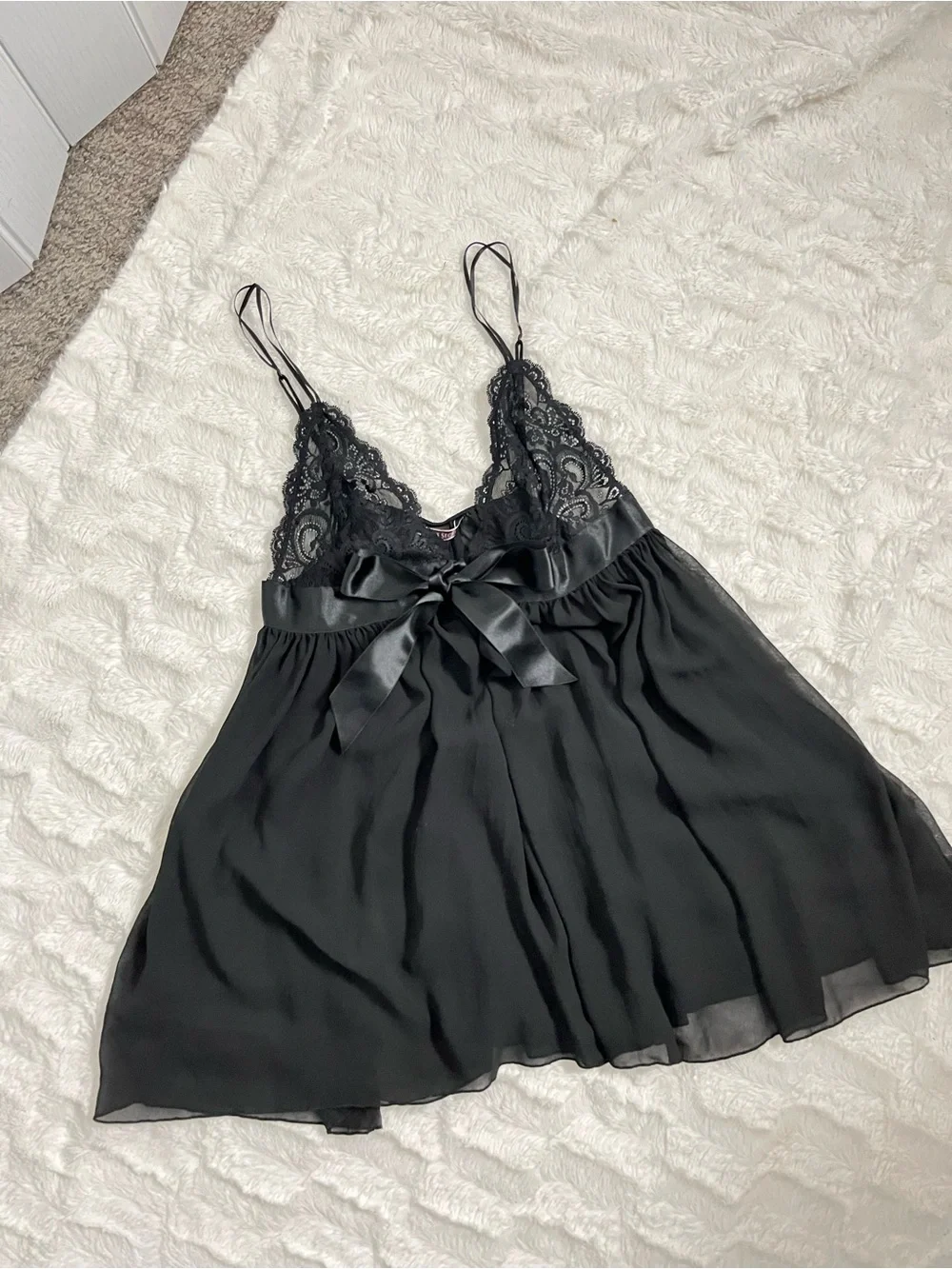Victorias Secret M Black Lace Babydoll Slip Dress Coquette Bow Sheer Nightgown